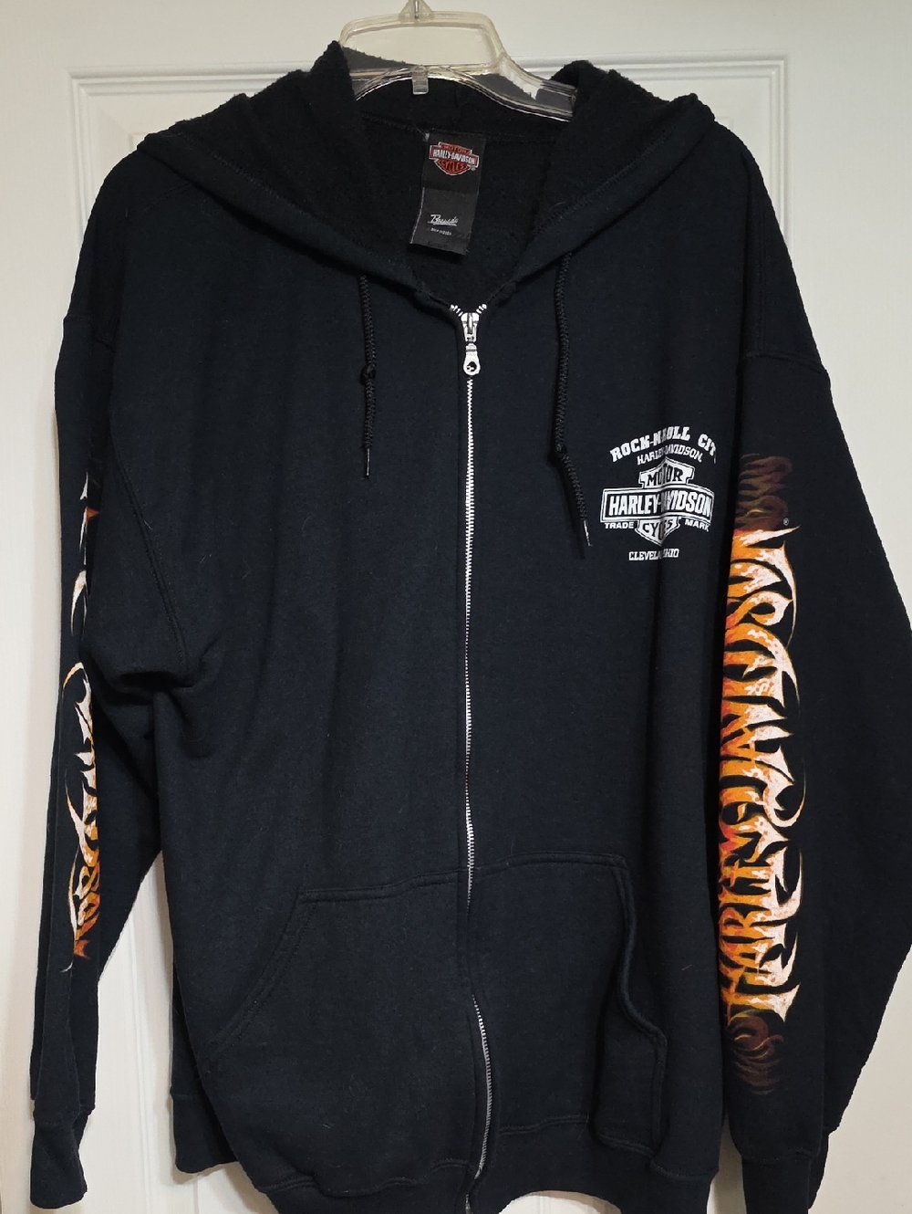 Harley-Davidson Black Zip-Up Hoodie with Orange Flame Sleeve Graphics